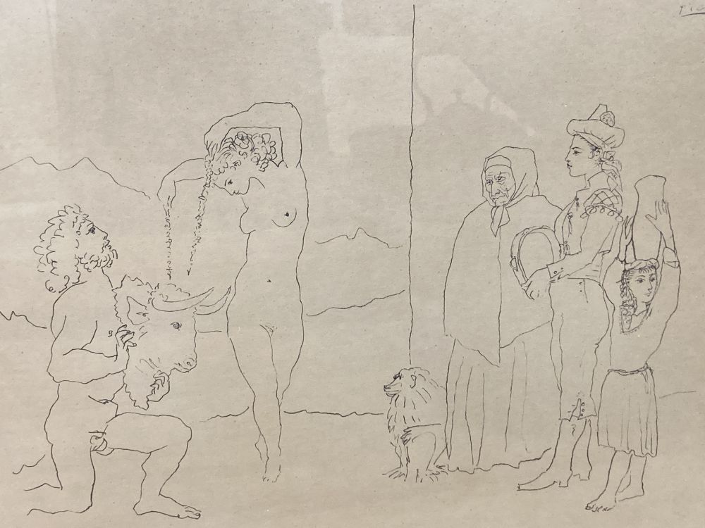 Henry Matisse, monochrome print, Artist and model, overall 29 x 36cm, a pair of prints after Picasso and a Cezanne reprint, Guillaumin
